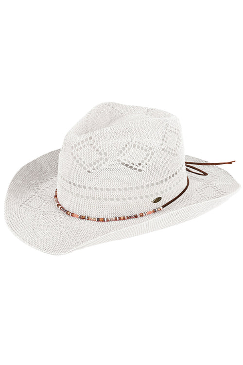C.C Beaded Charm Trim Woven Cowboy Hat - Clear White