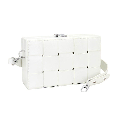 Faux Leather Woven Square Box Crossbody Bag - White