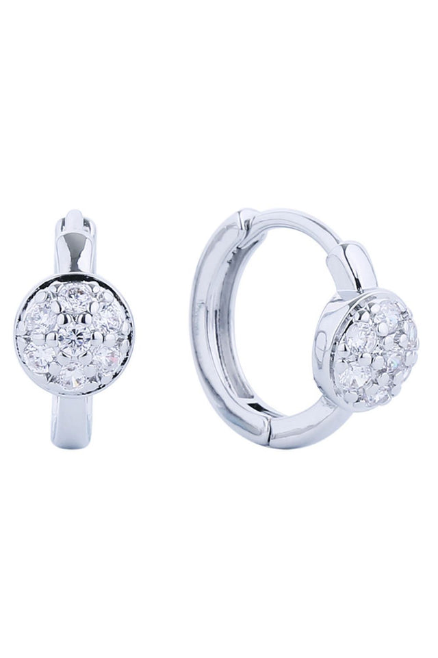 White Gold Delicate 14K gold-dipped huggie hoops featuring sparkling cubic zirconia pavé detailing. These petite earrings measure 1.4cm in diameter, perfect for everyday elegance or layering. Crafted from hypoallergenic brass with lead and nickel-free construction, they're gentle on sensitive ears. The lustrous gold finish catches light beautifully while maintaining durability. Ideal for those seeking timeless, minimalist jewelry that doesn't compromise on style or comfort.