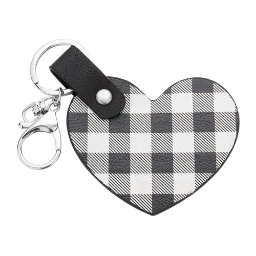Buffalo Check Patterned Faux Leather Heart Bag Charm - Clear White