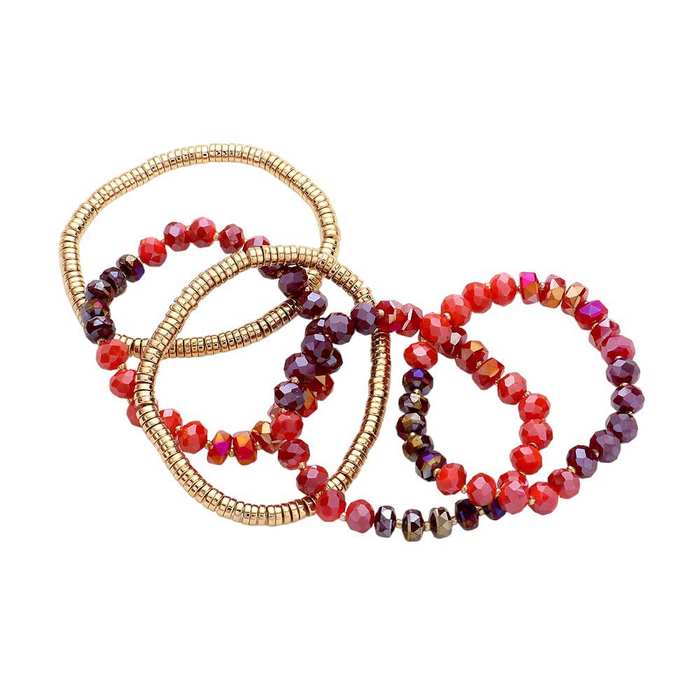 Wine 5PCS Faceted Beaded Heishi Beaded Multi Layered Stretch Bracelet, This set features 5PCS of faceted and heishi beaded strands. The unique design adds a touch of elegance to any outfit. The stretchy material provides a comfortable fit for all wrist sizes. Elevate your style with this versatile and eye-catching piece.