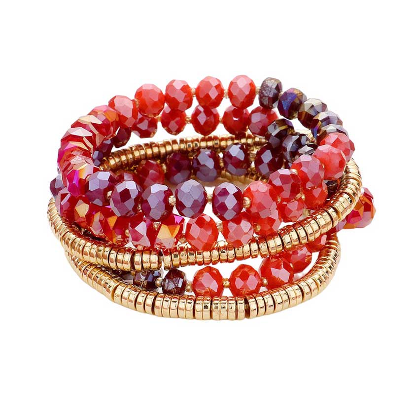 Wine 5PCS Faceted Beaded Heishi Beaded Multi Layered Stretch Bracelet, This set features 5PCS of faceted and heishi beaded strands. The unique design adds a touch of elegance to any outfit. The stretchy material provides a comfortable fit for all wrist sizes. Elevate your style with this versatile and eye-catching piece.