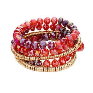 Wine 5PCs Faceted & Heishi Beaded Multi Layered Stretch Bracelet, is crafted with a combination of faceted and heishi beads for a unique look. The stretchable design fits most wrists, making it perfect for special occasion. The multi-layered design adds a stunning look that will be sure to turn heads.