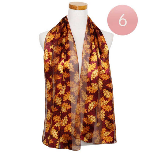6PCS Silk Feel Striped Leaf Print Scarf - Wine