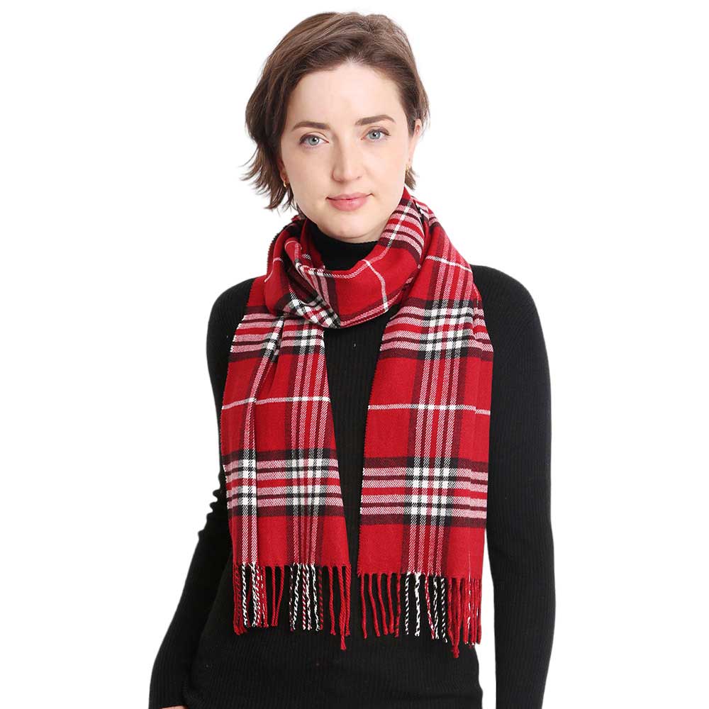 Wine Trendy Plaid Check Patterned Oblong Scarf, accent your look with this soft oblong scarf to receive compliments. It's beautifully designed with Plaid Check which makes your beauty more enriched. Highly versatile scarf and great for daily wear in the cold winter to protect you against the chill. A great wardrobe staple.