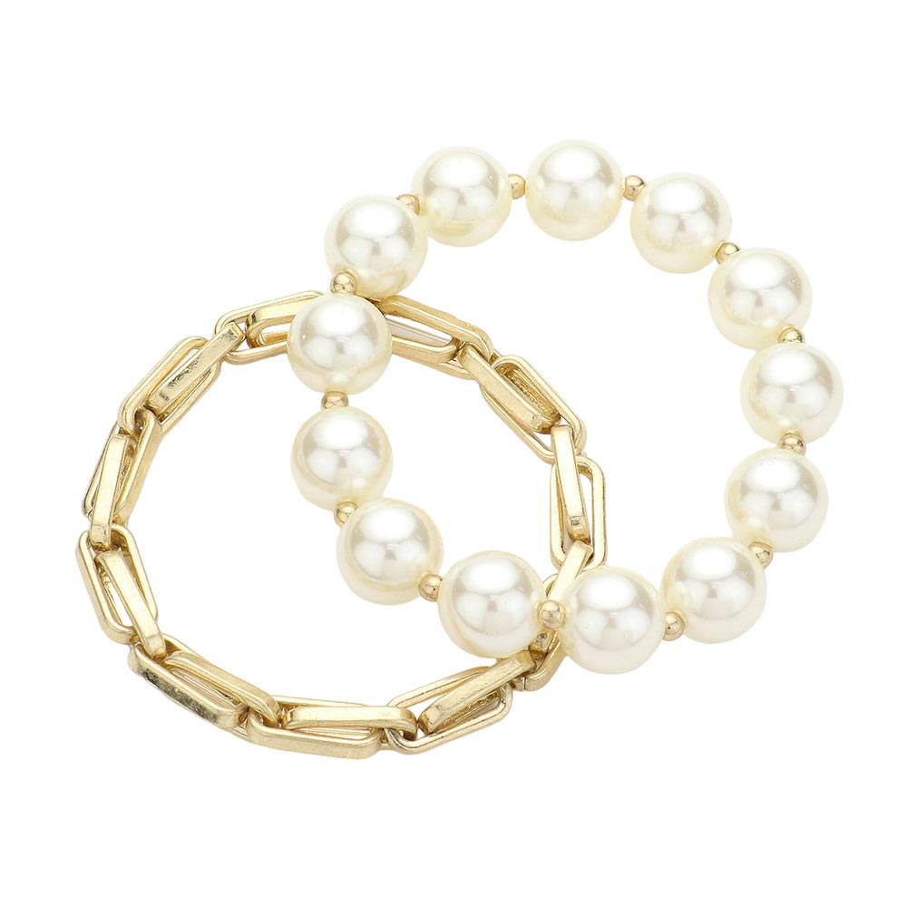 Worn Gold 2PCS Pearl Beaded Metal Chain Layered Bracelets, Enhance your style with our trendy bracelets. This elegant set features a combination of pearls and metal chains, perfect for adding a touch of sophistication to any outfit. The layered design creates a chic and trendy look, a must-have accessory for any fashion lover.