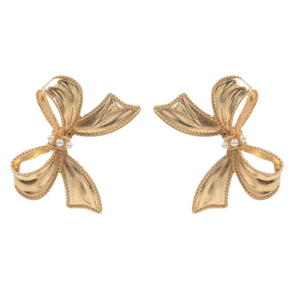 Gold Pearl Pointed Metal Bow Earrings, Crafted with precision and elegance, these earrings are a must-have for any fashion-forward individual. Made with genuine pearls and a metal bow design, these earrings are the perfect accessory for a touch of timeless sophistication. Elevate any outfit with these stunning earrings.