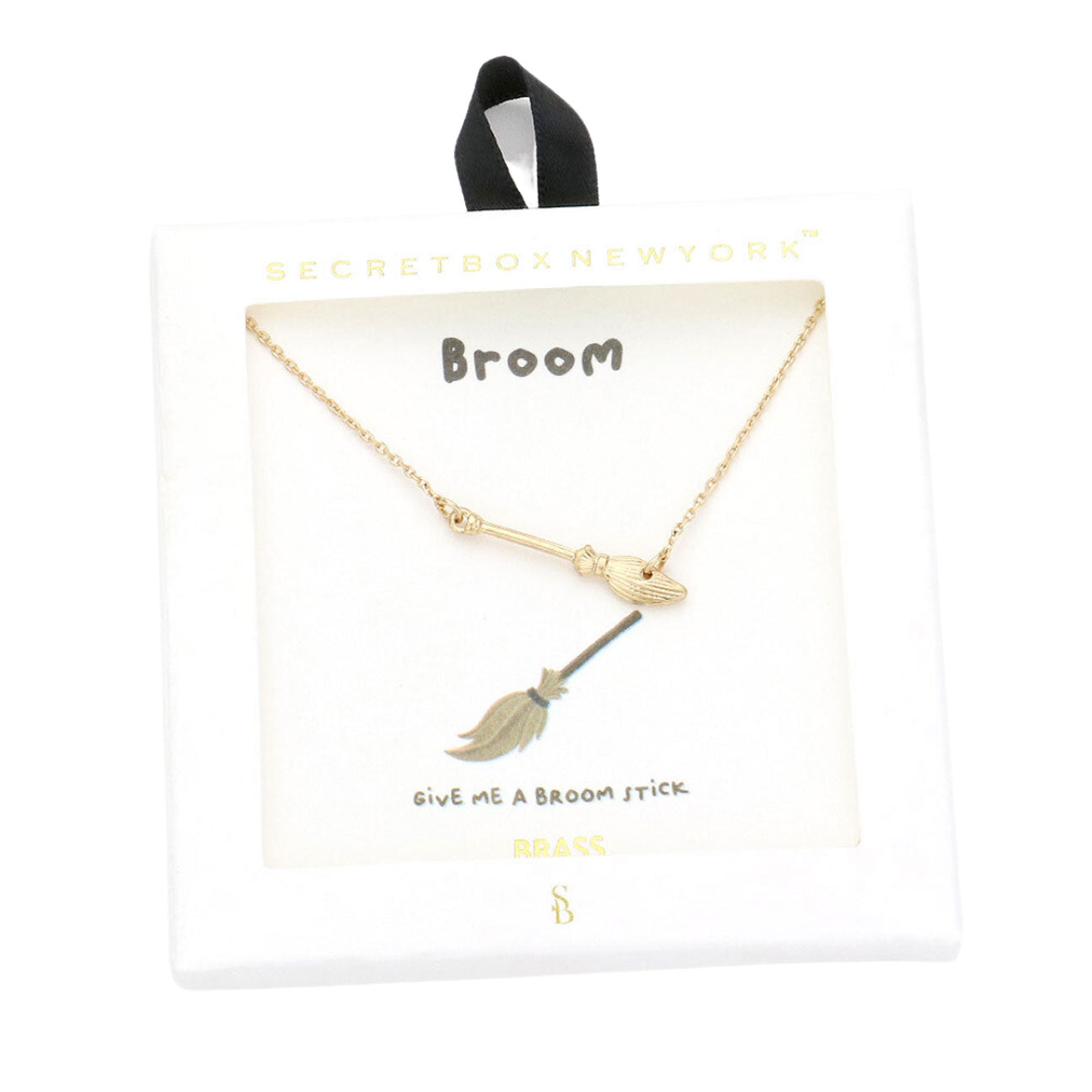 Secret Box Brass Metal Broom Pendant Necklace. Take your love for statement accessorizing to a new level of affection with these Pendant Necklace! Highlight your appearance, and grasp everyone's eye at your party. Enhance your attire with these vibrant artisanal necklace to show off your fun trendsetting style. 