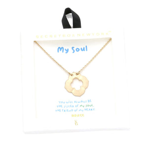 Worn Gold Secret Box Brass Metal Quatrefoil Pendant Necklace, offers a unique look with its intricate metal quatrefoil design. Crafted from high quality brass, the necklace is lightweight and stylish. The pendant contains a small secret box, making it a great gift for anyone you want to surprise! Perfect Gift for all occasions.