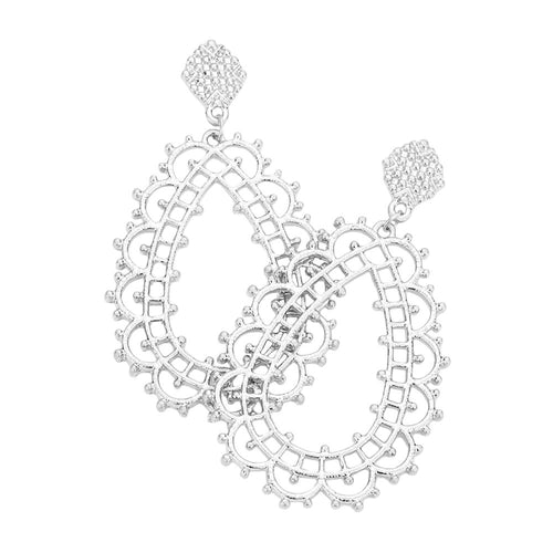 Cut Out Detailed Metal Teardrop Dangle Earrings - Worn Silver