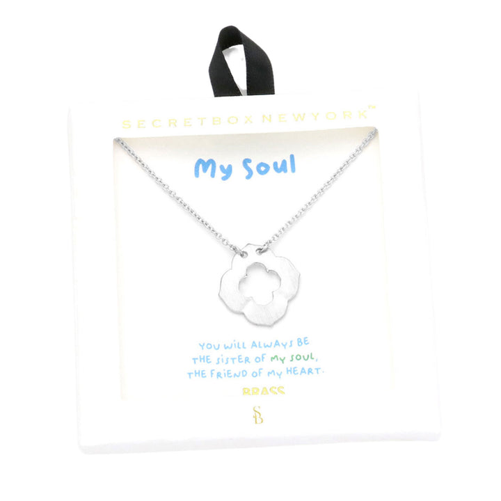 Worn Silver Secret Box Brass Metal Quatrefoil Pendant Necklace, offers a unique look with its intricate metal quatrefoil design. Crafted from high quality brass, the necklace is lightweight and stylish. The pendant contains a small secret box, making it a great gift for anyone you want to surprise! Perfect Gift for all occasions.