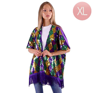 XL Sequin Tassel Kimono Poncho, Elevate your Mardi Gras style game with this stylish kimono poncho. Dazzle in the vibrant sequins while staying comfortable in the lightweight, flowy fabric. Perfect for the festival or a night out, this unique piece will make you stand out in the crowd. It is an ideal festive gift idea.