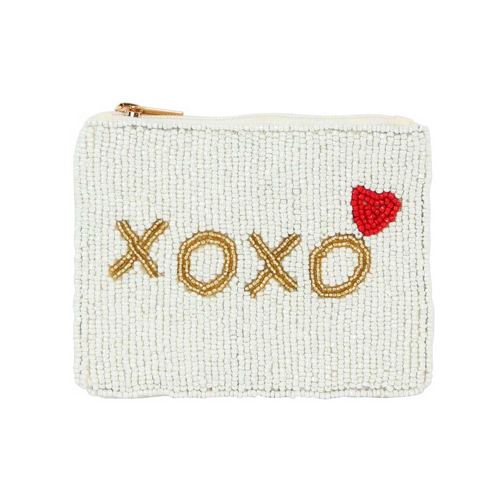 XOXO Message Seed Beaded Mini Pouch Bag, This stylish bag is the perfect accessory for any outfit. The intricately designed beaded pattern adds a touch of elegance, while the compact size makes it convenient for carrying your essentials. Show off your love with the embroidered XOXO message.