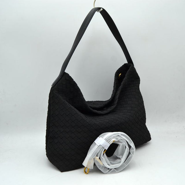 Woven Hobo Shoulder Bag with Detachable Strap - Black - Shoulder Bag