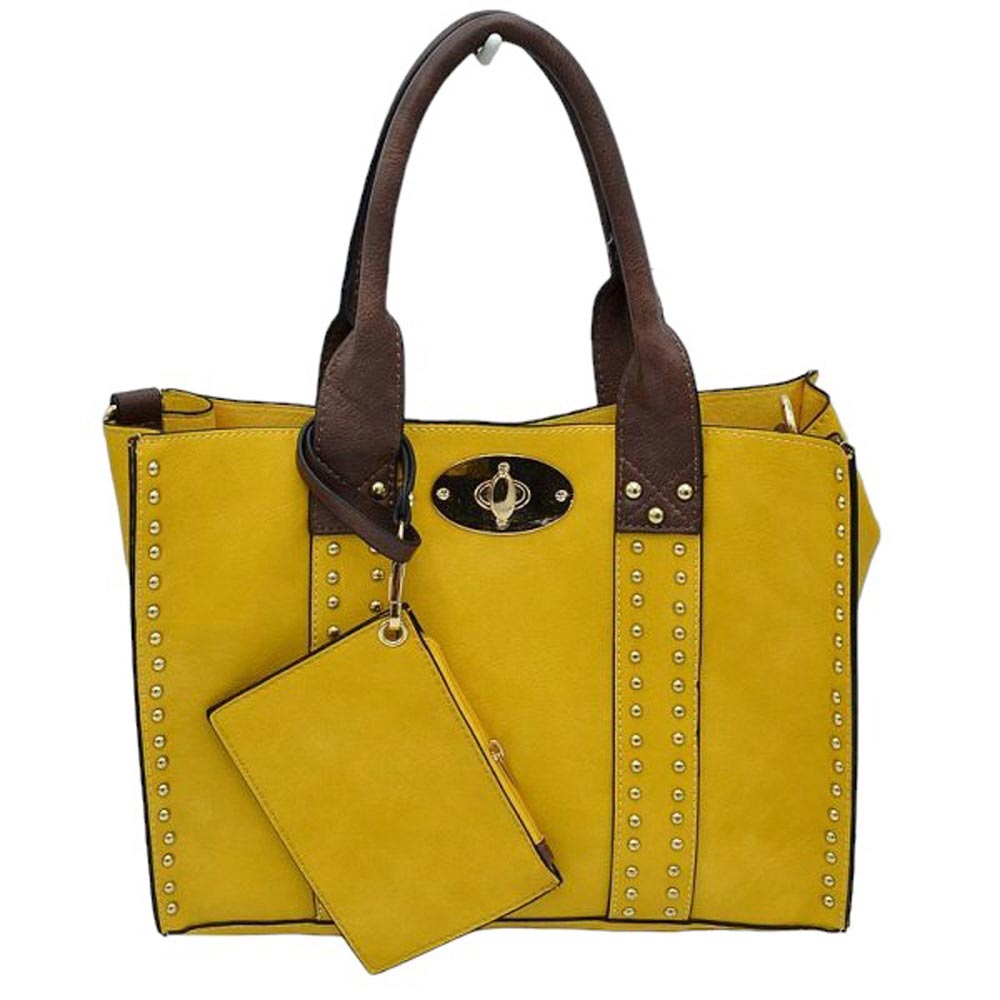 Yellow Faux Leather Top Handle Tote Bag With Purse, is a stylish and durable bag made of high-quality faux leather. Its spacious top handle design allows for comfortable carrying and the detachable purse adds extra convenience. The bag is designed to last for years to come. Perfect gift for family members on any day.