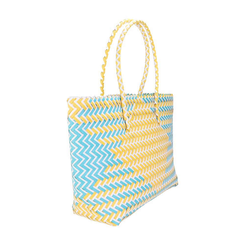 Yellow Basket Woven Tote Bag Beach Bag is as functional as it is stylish. With a basket weave design, it's perfect for carrying all your beach essentials. The durable material ensures this bag will last for multiple seasons. Keep your belongings secure and in style with this tote bag.