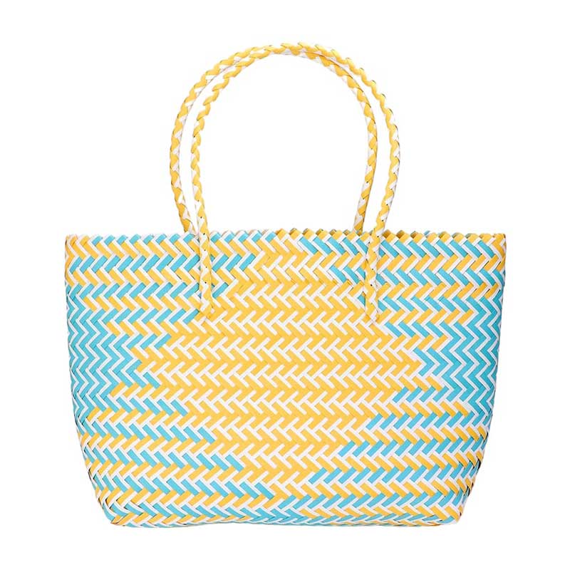 Yellow Basket Woven Tote Bag Beach Bag is as functional as it is stylish. With a basket weave design, it's perfect for carrying all your beach essentials. The durable material ensures this bag will last for multiple seasons. Keep your belongings secure and in style with this tote bag.