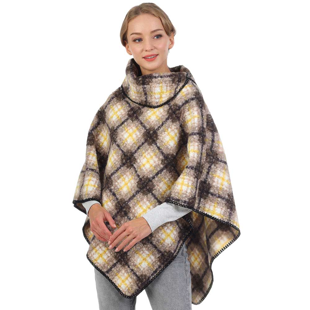 Yellow Check Patterned Neck Poncho, with the latest trend in ladies' outfit cover-up! the high-quality knit poncho is soft, comfortable, and warm but lightweight It's perfect for your daily, casual, party, evening, vacation, and other special events outfits. A fantastic gift for your friends or family.