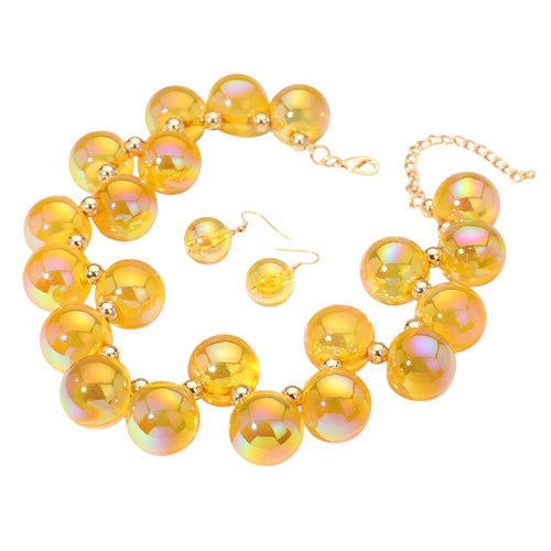 Chunky Iridescent Ball Beaded Necklace - Gold Yellow