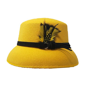 Yellow Feather Pointed Felt Hat, is perfect for any occasion. Crafted from blended material, this hat features a stunning feather point design and a comfortable inner lining that will keep you warm and stylish. It ensures a secure fit making it a nice gift choice for those you care about. Look sharp in this classic hat.