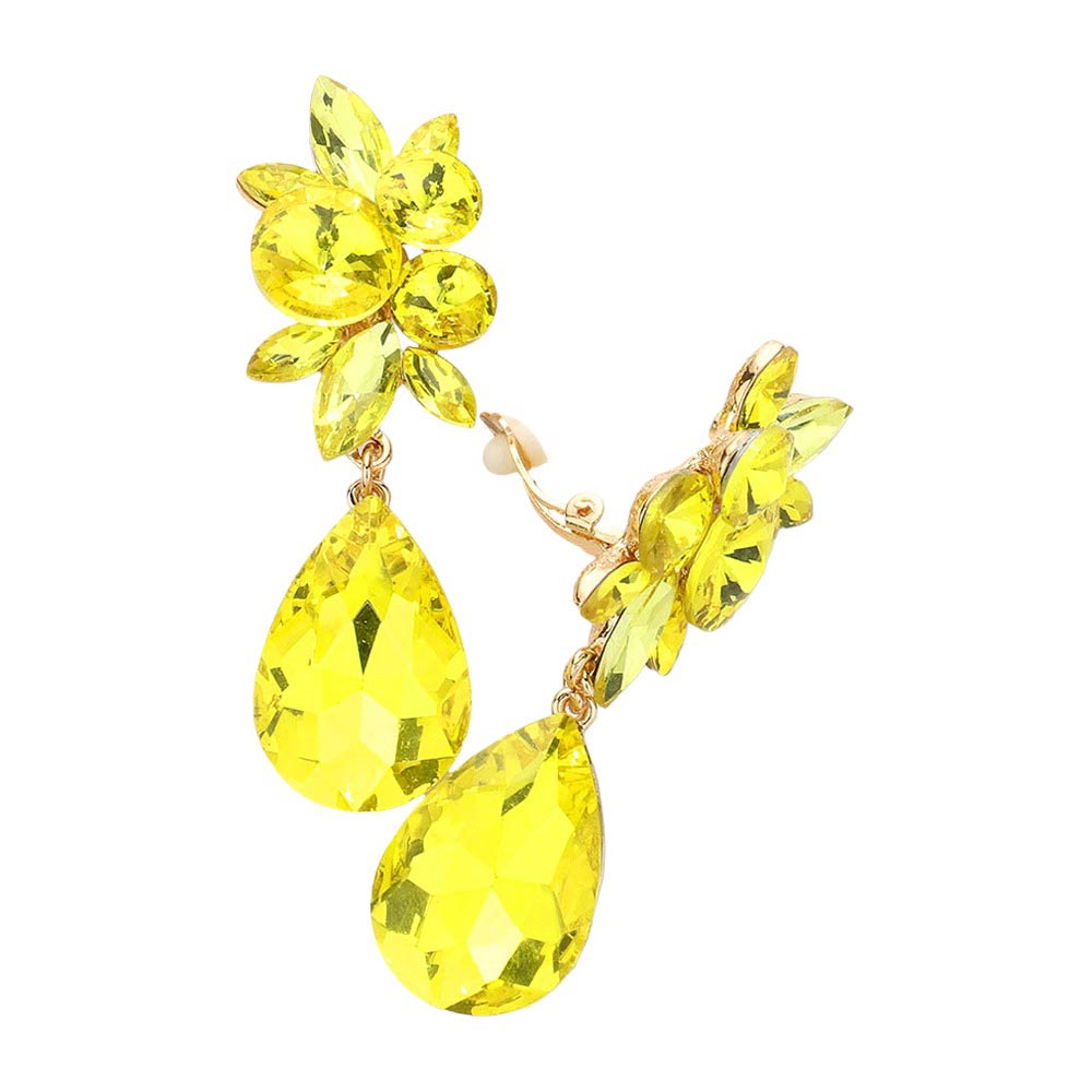 Yellow Glass Crystal Teardrop Clip On Earrings, add a touch of sparkle to any outfit. Crafted with lead-free glass crystals, they feature a tear-drop design and secure clip-back fastening for a comfortable fit. Perfect for any special occasion or as an exquisite gift to someone you love. 