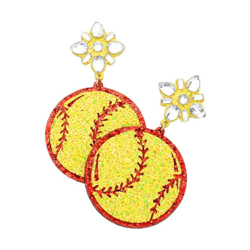 Glittered Softball Dangle Earrings - Yellow
