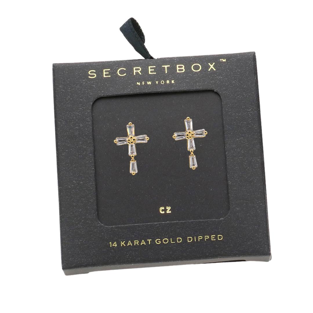 Yellow Gold Secret Box 14K Gold Dipped CZ Cross Religious Stud Earrings, These Earrings with a timeless design are perfect to wear for any occasion along with sacred functions. Crafted from 14K Gold Dipped and Cubic Zirconia, adds a touch of elegance to any outfit. An ideal gift for those who prefer religious-themed jewelry.