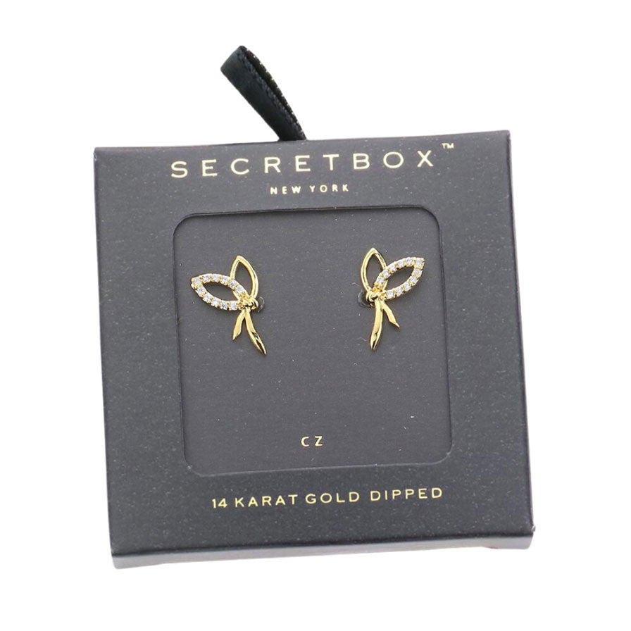 Yellow Gold Secret Box 14K Gold Dipped CZ Embellished Metal Bow Stud Earrings, bring an elegant sparkle to any ensemble. Embellished with shimmering cubic zirconia, these  metal studs make a stylish statement of taste and sophistication. Perfect gift for Birthday, Anniversary, Mother's Day, Anniversary, Graduation, Prom Jewelry.