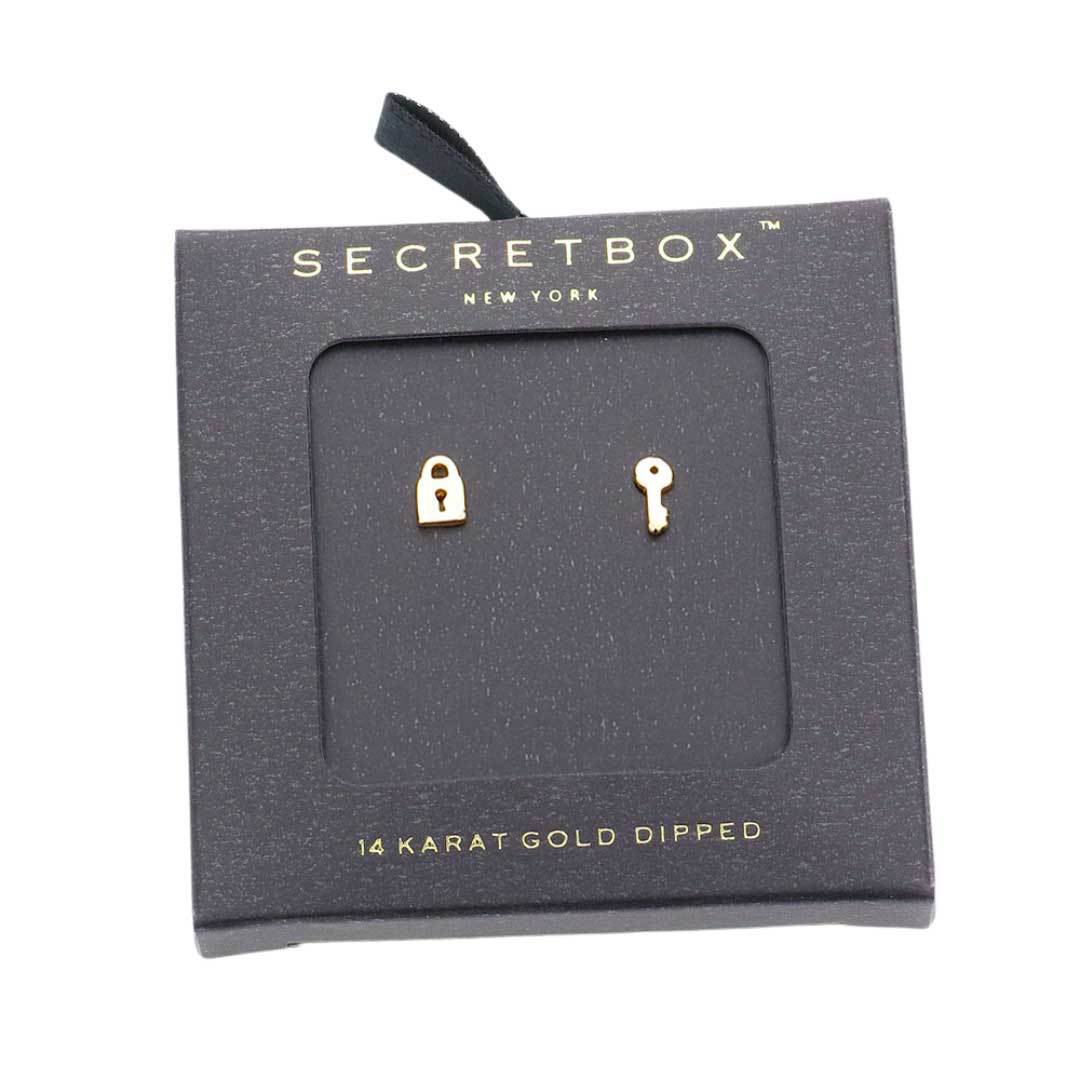 Yellow Gold Secret Box 14K Gold Dipped Key & Lock Stud Earrings. Its minimalistic design is perfect for everyday wear and adds a pop of color to any ensemble. The key and lock design add a unique yet subtle hint of sophistication and elegance. Perfect gift for Birthday, Anniversary , Mother's Day, Anniversary, Valentine's Day.