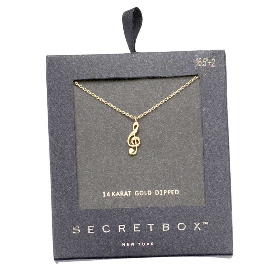 Yellow Gold Secret Box 14K Gold Dipped Metal The Treble Clef Pendant Necklace, is an elegant choice for music lovers. The pendant features a classic treble clef silhouette, crafted with sterling silver-dipped metal for a look that exudes luxury. This necklace is perfect for gift for all the special women in your life.
