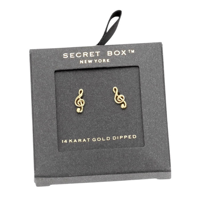 Yellow Gold Secret Box 14K Gold Dipped Metal Treble Clef Stud Earrings, is beautifully designed with a Music theme that will make a glowing touch on everyone. The beautifully crafted design adds a gorgeous glow to any outfit. Great gift idea for your Wife, Mom, your Loving one, or any family member.