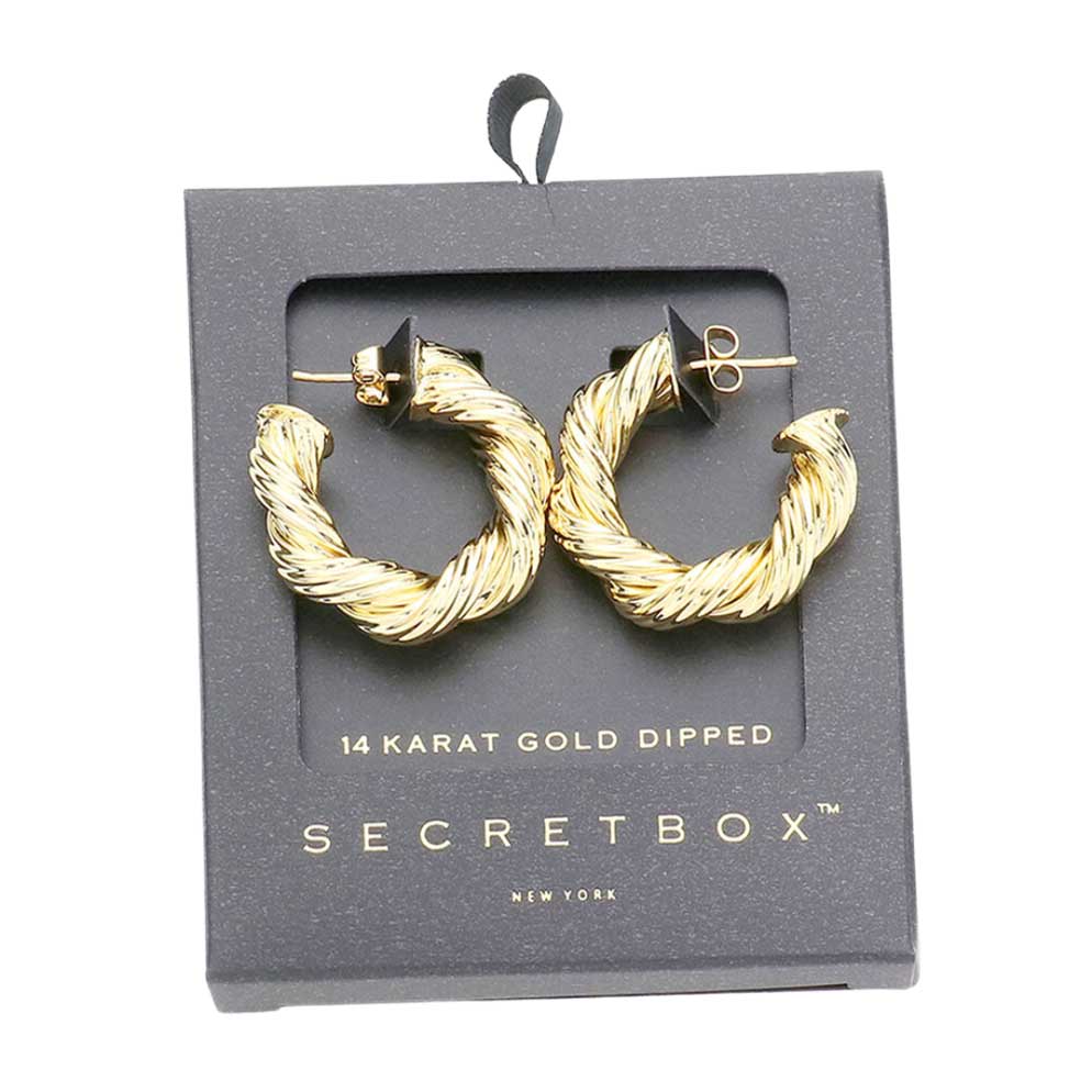 Yellow Gold Secret Box 14K Gold Dipped Twisted Bold Metal Earrings, are fun handcrafted jewelry that fits your lifestyle, adding a pop of pretty color. Enhance your attire with these vibrant artisanal earrings to show off your fun trendsetting style. Great gift idea for your Wife, Mom, your Loving one, or any family member.
