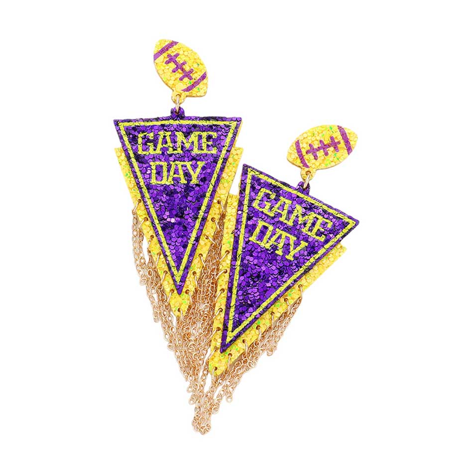 Yellow Purple Stay stylish and support your favorite team with these Game Day Message Glittered Football Pennant Flag Chain Link Dangle Earrings. Crafted with a glittery football pennant flag, they feature a chain link dangle design for a seasonal and sporty look. Show off your team spirit in style! 