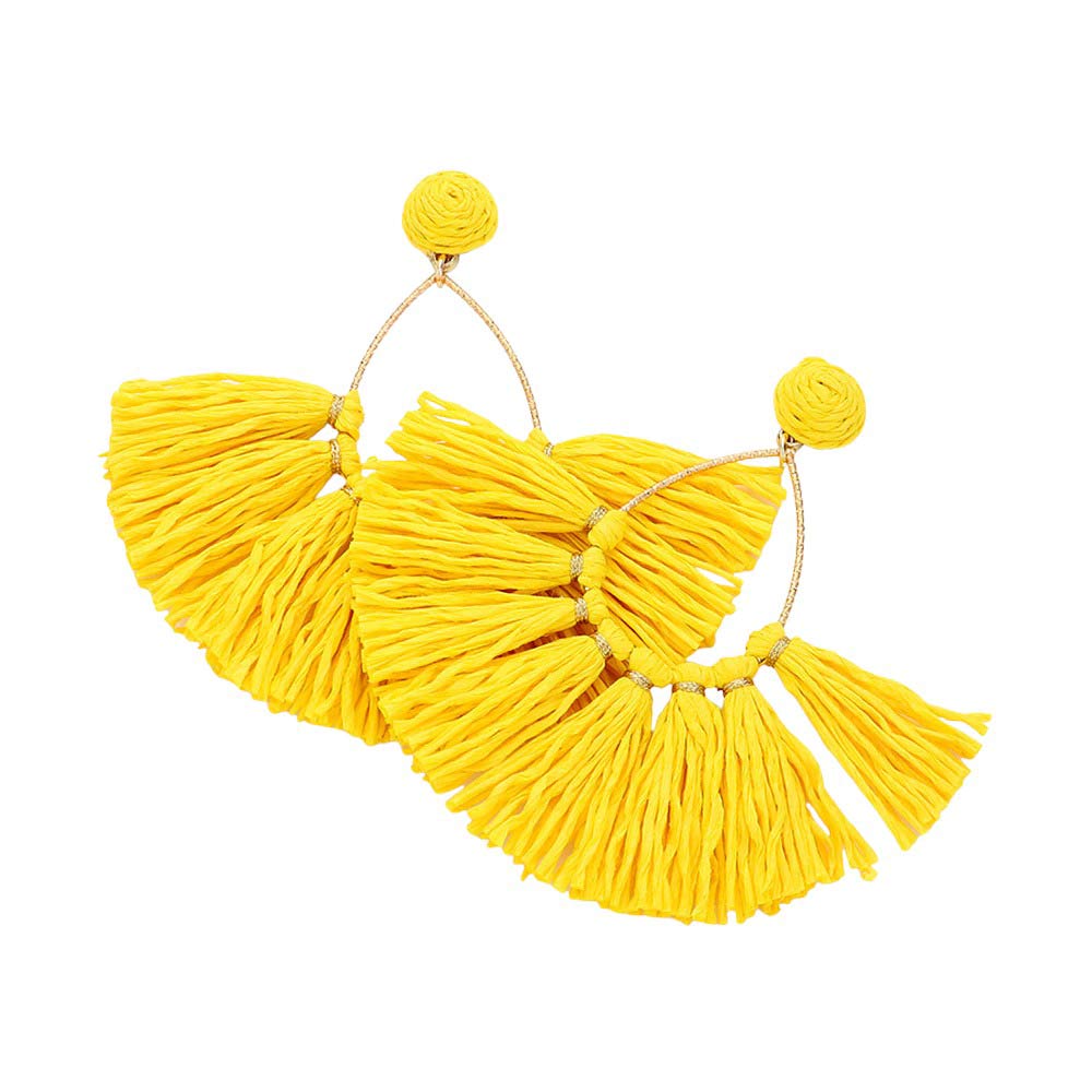 Yellow Raffia Fringe Fan Dangle Earrings, Expertly crafted with delicate Raffia Fringe, these earrings add a touch of elegance to any outfit. The fan dangle design creates a unique and eye-catching look, while the lightweight material ensures comfortable wear all day long. Perfect for any occasion.