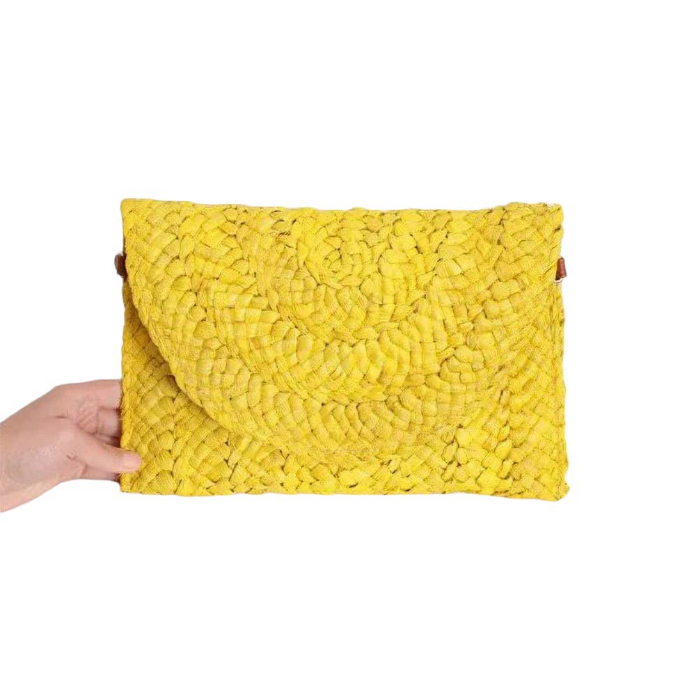 Yellow Rattan Braided Clutch Bag, This vintage-inspired bag is handmade and eco-friendly. The intricate braided design adds a touch of bohemian style to your outfit. Made from sustainable materials, this bag is not only stylish but also environmentally conscious. Upgrade your accessory game with this unique clutch bag.