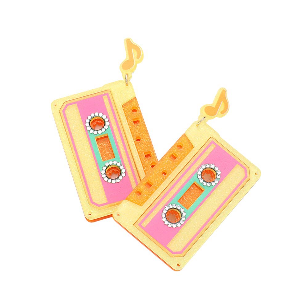 Yellow Resin Cassette Tape Music Dangle Earrings, Add a vintage touch to your outfit with our specially designed earrings. Made from high-quality resin, these earrings feature a unique cassette tape design that will appeal to music lovers. Perfect for any occasion, these earrings are lightweight and comfortable to wear.
