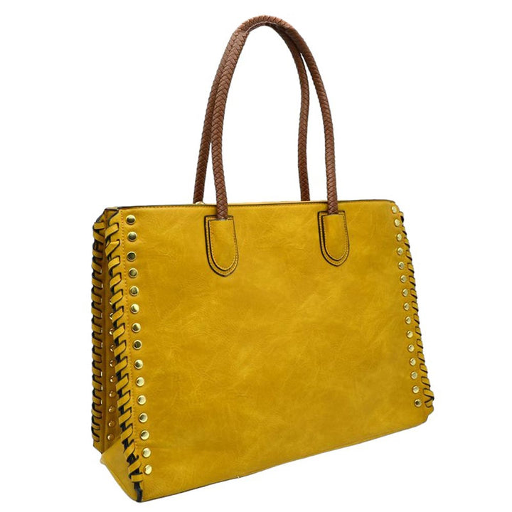 Yellow Studded Faux Leather Whipstitch Shoulder Bag Tote Bag, is crafted from high-quality faux leather, featuring a stylish whipstitch trim and studded accents. Its adjustable strap makes it perfect for everyday use, this spacious handbag features a roomy interior to hold all your essentials. This bag is sure to turn heads.