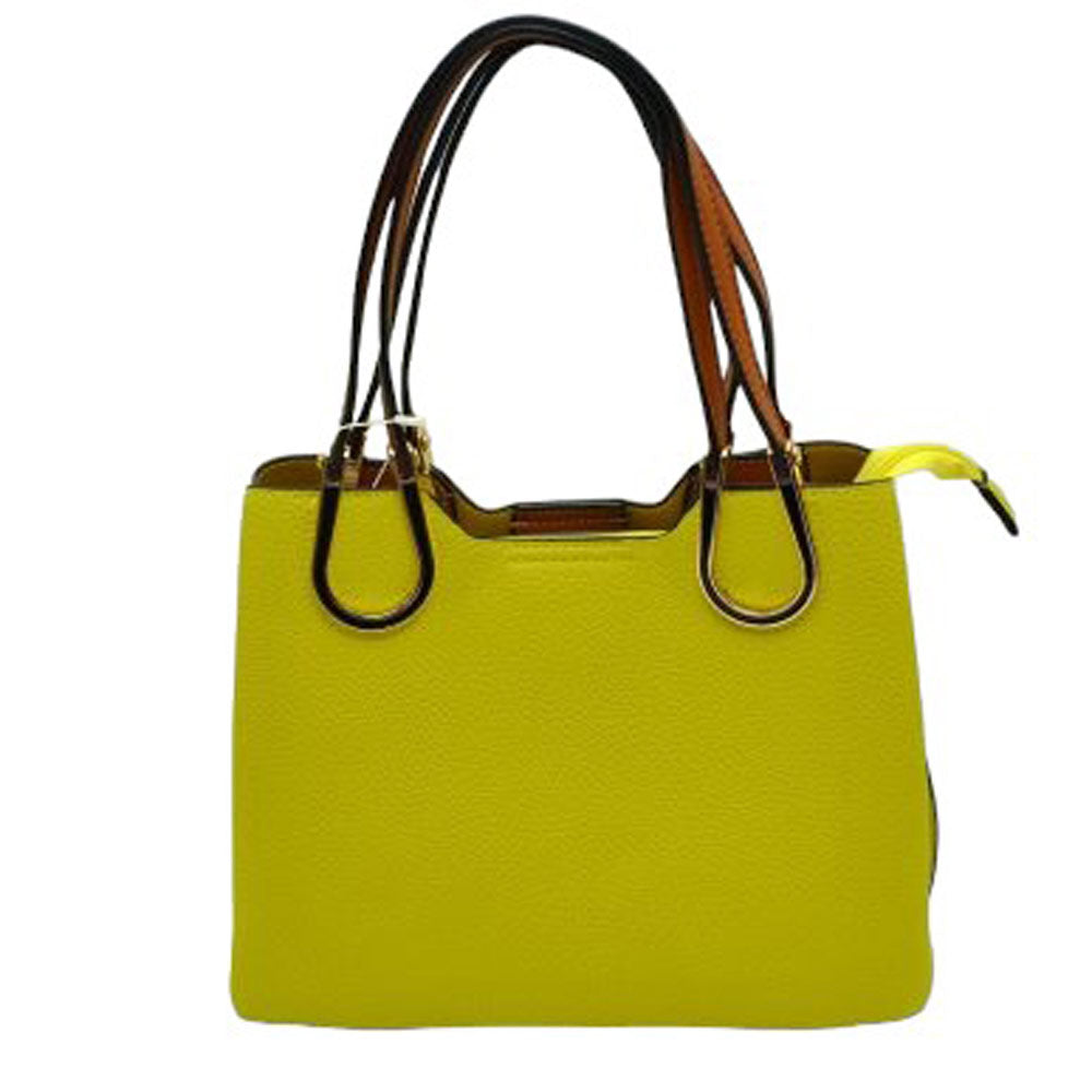 Yellow Textured Faux Leather Horseshoe Handle Women's Tote Bag, featuring an eye-catching textured faux leather exterior and a horseshoe-shaped handle. The bag has a spacious interior, perfect for days when you need to carry a lot of items. Its structure and design ensure that your items will stay secure even on the go.