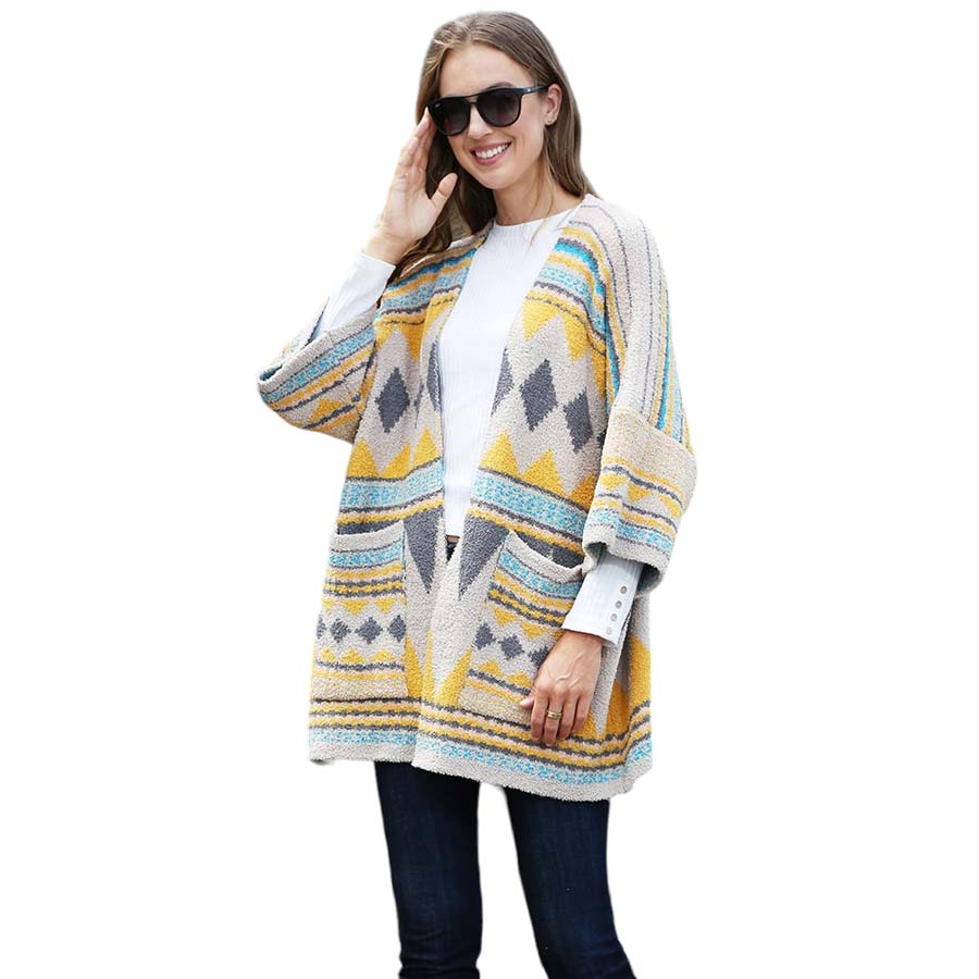 Yellow Tribal Patterned Front Pockets Cardigan, on-trend & fabulous, and a luxe addition to any cold-weather ensemble. A beautiful choice for those who like extra layers without bulkiness. You can throw it on over so many pieces elevating any casual outfit! Perfect Gift for wife, mom, birthday, holiday, etc.