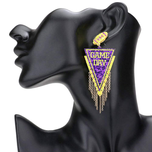 Game Day Message Glittered Football Pennant Flag Chain Link Dangle Earrings - Yellow Purple