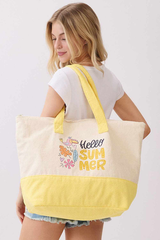 Yellow Brighten your summer days with this charming HELLO SUMMER terry tote bag. Featuring a cute illustration and cheerful lettering, it's the perfect companion for beach trips, shopping, or everyday adventures. Crafted from a durable blend of 80% polyester and 20% polyamide, this spacious bag measures 22" x 16" x 6" and offers plenty of room for all your essentials. The secure zipper closure keeps your belongings safe, while the convenient inner pocket provides extra organization. Designed for comfort and