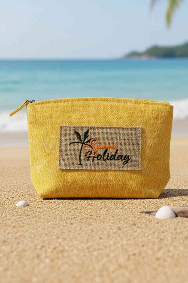 Yellow Capture the essence of summer with this charming vintage cosmetic pouch. Featuring a playful "SUMMER HOLIDAY" letter design paired with a palm tree patch, it brings tropical vibes to your daily routine. Crafted from a durable blend of 80% polyester and 20% burlap, this pouch offers both style and substance. The spacious 9.5" x 6" x 2.5" dimensions provide ample room for makeup, toiletries, or travel essentials. A reliable zipper closure keeps your items secure. Perfect for beach trips, vacations, or 