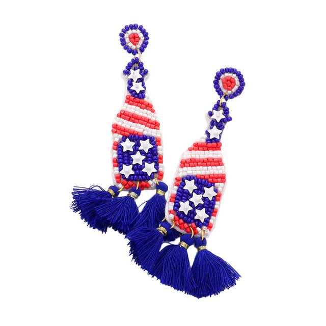 American USA Flag Seed Bead Champagne Triple Tassel Earrings - Multi - Earrings