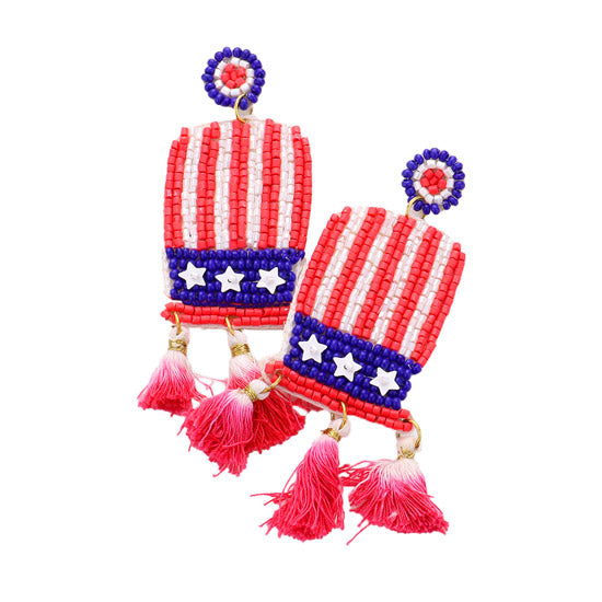American USA Flag Seed Bead Hat Triple Ombre Tassel Earrings - Multi - Earrings