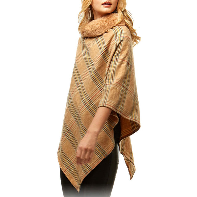 Cozy Warm Plaid Checkered Soft Faux Fur Collar Poncho, ensure your upper body stays perfectly toasty when the temperatures drop, classic, gently nestles around the neck and feels so comfortable to wear. An eye catcher, will become your favorite accessory, coordinates with all your winter outfits.  Ideal Holiday Gift
