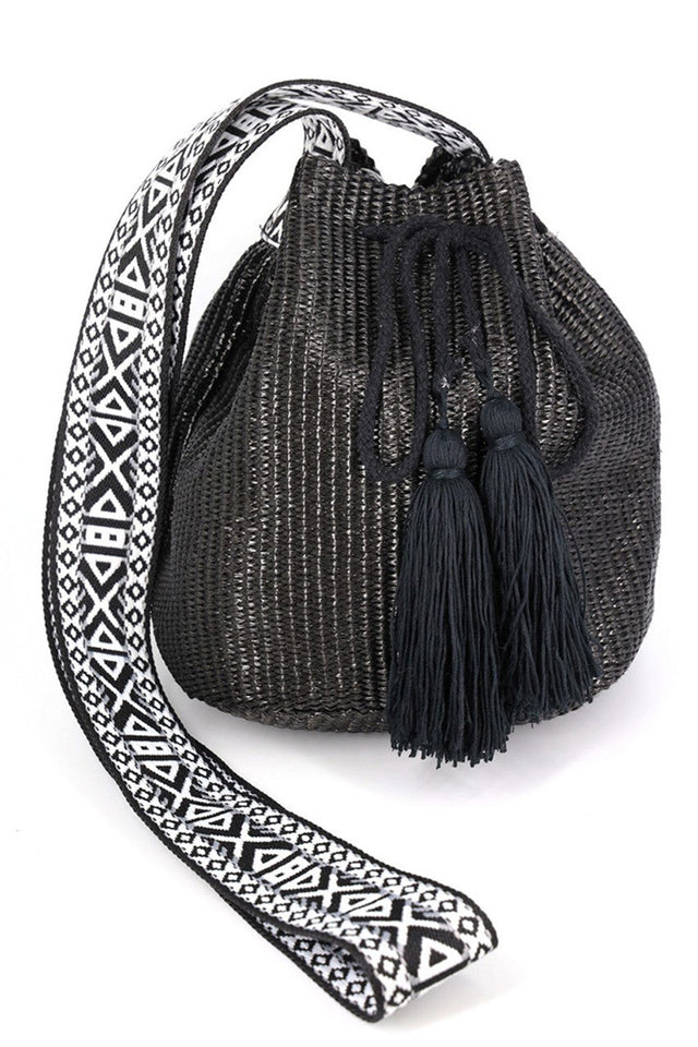 Aztec Pattern Strap Solid Bucket Bag - Black - Bucket Bag