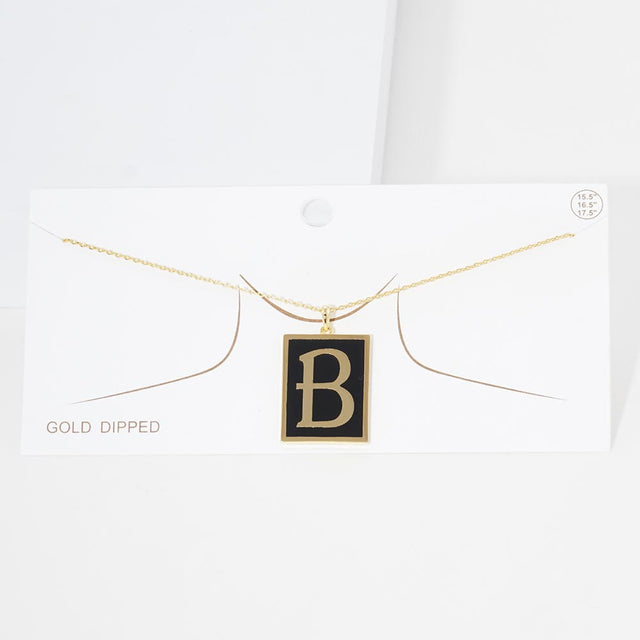 Gold -B- Gold Dipped Enamel Rectangle Initial Monogram Pendant Necklace