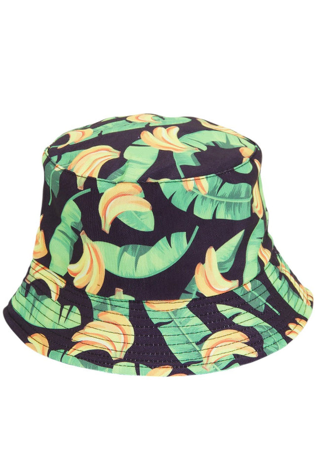 Black BANANA PRINT REVERSIBLE BUCKET HAT features a playful banana print on one side, offering versatile styling options for your wardrobe. Constructed with quality materials for durability, it provides essential sun protection while making a distinctive fashion statement. Perfect for casual outings, festivals, or beach days. 