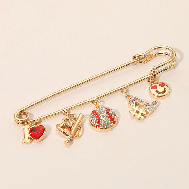 Clear, Gold Baseball Theme Charm Safety Pin Brooch