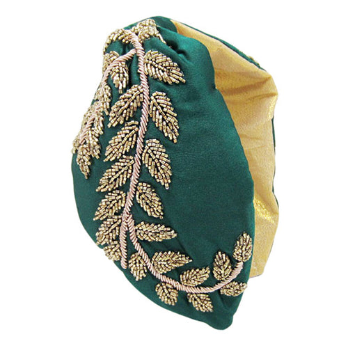 Beaded Leaf Cluster Knot Burnout Headband - Green